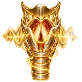 Glowing golden voice box radiating soundwaves — the power of your voice