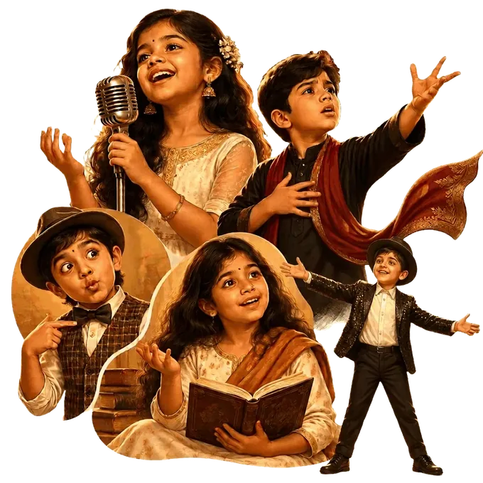 Children singing, acting, doing mimicry, storytelling and performing on stage
