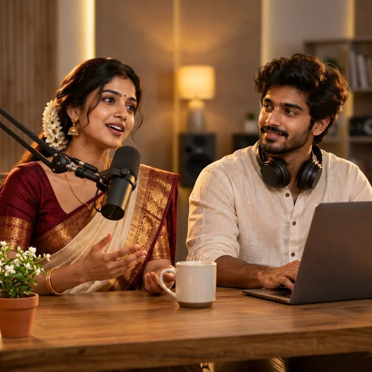 A Kannada woman in a silk saree recording a podcast with a young man on a laptop