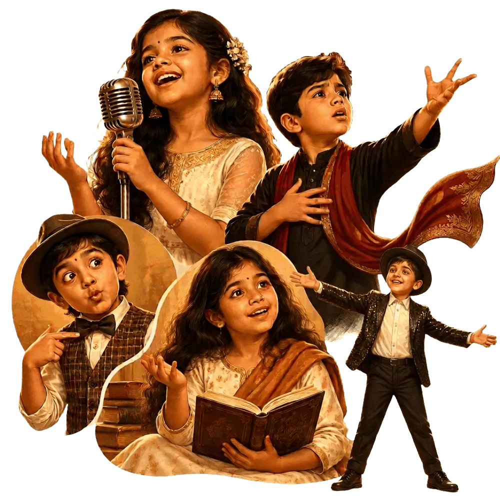Children singing, acting, doing mimicry, storytelling and performing on stage