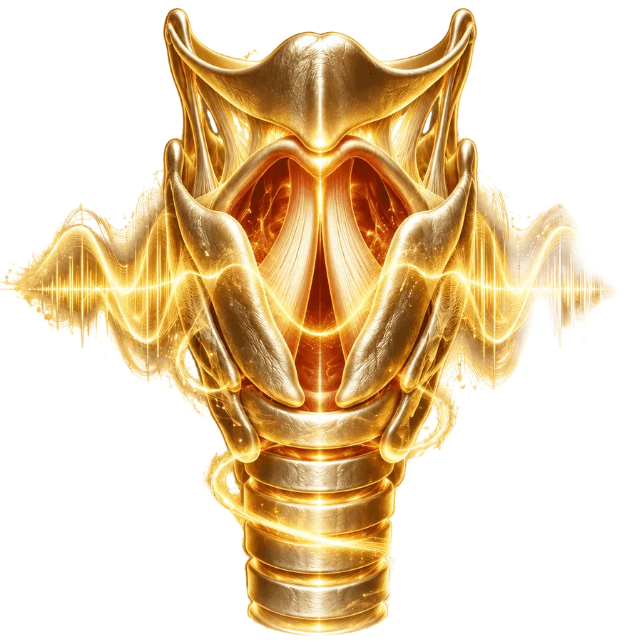 Glowing golden voice box radiating soundwaves — the power of your voice
