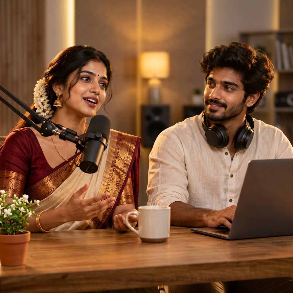 A Kannada woman in a silk saree recording a podcast with a young man on a laptop